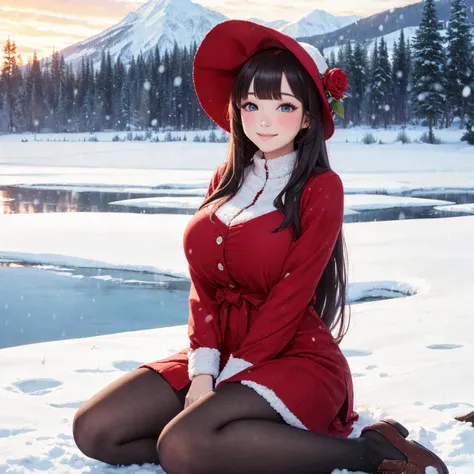 gigantic breasts, winter, snow field, smile, blush, 1girl, bangs, blue eyes, blunt bangs, bonnet, brown footwear, brown hair, red dress, frills, fruit, full body, hat, long hair, long sleeves, looking at viewer, black pantyhose, red flower, red rose, rose, shoes, sitting, solo, sky, sunset, mountain, forest, lake, BREAK (mutation:-1),(distortion:-1),(worst:-1), BREAK (masterpiece, best quality),