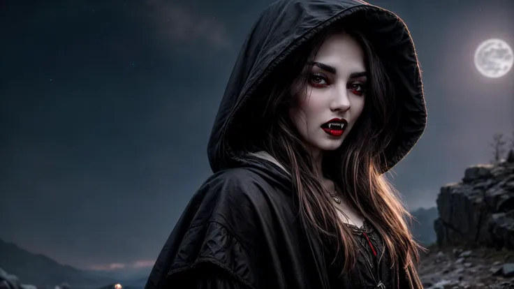(closeup:1.3) (1girl,:1.3) solo (vampire:1.3), white, age:21,(thin:1.2), pale white skin, (petite:1.4), open mouth, beautiful, long messy brown hair
(standing:1.2), gothic mideaval clothes, ragged clothes, peasant, torn fabric, hood, hood up,
dnd, rocky wasteland, fantasy, (masterpiece, photorealistic), <lora:more_details:0.8> , <lora:drow_offset:0.5>, dslr, ultra quality, sharp focus, tack sharp, dof, film grain, Fujifilm XT3, crystal clear, 8K UHD, highly detailed glossy eyes, high detailed skin, skin pores, at night inside, moonlight