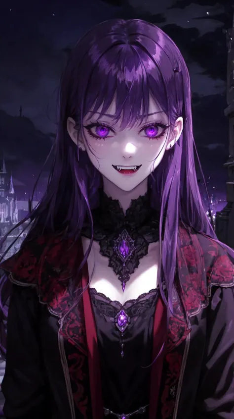 masterpiece, best quality,
(night, darkness)
<lora:MedeaSolonLora:0.6> medea solon, purple eyes, purple hair
1girl,solo,
evil smile,
vampire outfit,
horror \(theme\),
castle background,
<lora:fangs:0.9> fangs