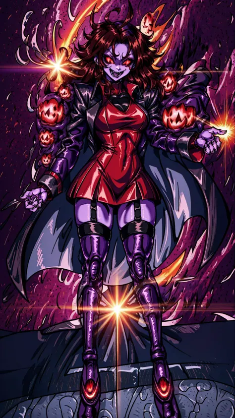 <lora:MotherMearest:0.8> Mommy mearest, brown hair, Red dress, Black overcoat, garter, thigh highs, <lora:coloredSkin-08:0.4> (Purple Skin:1.25), BREAK, <lora:GlowingRedEyeMeme:0.5> Glowing Eyes Meme, (Glowing Eyes Meme:1.25), glowing eyes, glowing, epic, black eyes, red pupils, <lora:fangs:0.5> fangs, evil grin, masterpiece, best quality, extremely detailed, highly quality, 4k, sharp focus, professional, sharp focus, award winning, cinematic lighting, octane render, unreal engine, volumetrics dtx, Wallpaper,