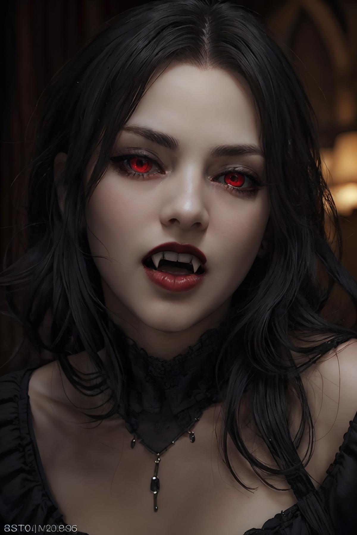 A woman with red eyes and a black dress is staring at the camera ...