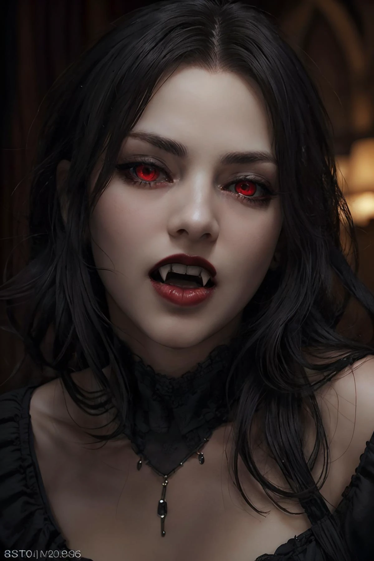 (8k, best quality, masterpiece:1.2) (realistic, photo-realistic:1.4) ultra-detailed, upper body, vampire girl, red eyes, wearing black dress <lora:fangs:1> fangs