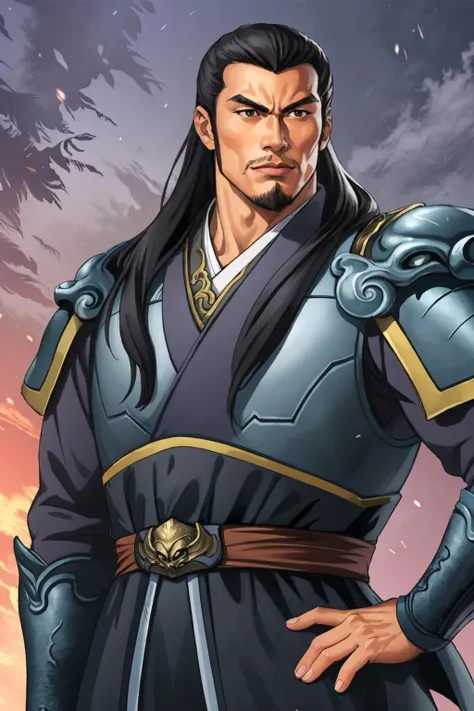 1boy, full black suit armor, full beard, muscular, long hair, japanese, seiza
<lora:TheThreeKingdoms_v11:0.9>