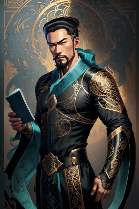(4k, best quality, highres:1.1), (masterpiece:1.1), man, Chinese male, detailed eyes, looking at viewer, (Collin Chou:1.5), male_focus, , 1boy, facial_hair, brown_eyes, katana, chinese_clothes, crew cut, muscular, wide shoulder, topknot, confident,
malice, tendrils, dark atmosphere, ((greyscale)), detailed linework, cinematic, psychedelic, black paper with vibrant (turqoise) line work, ornate, symmetrical, (tarot card), highly detailed, ink illustration, style of peter mohrbacher, golden ratio,(filigree:1.6) , loong pattern, <lora:conceptLoongChinaDragon_v10:0.6> <lora:TheThreeKingdoms_v11:0.4>