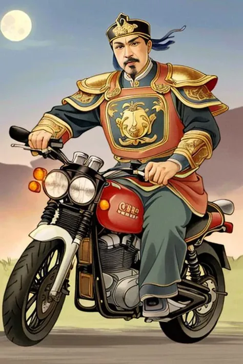 shz,((best quality)), ((masterpiece)), (detailed), realistic,(riding motorcycle),mustache,chinese clothes,armour,chinese general,looking at viewer, full body,night,moon in the night sky,outdoors,motorcycle <lora:Xiaorenshu_v20:0.5> <lora:TheThreeKingdoms_v11:0.5>