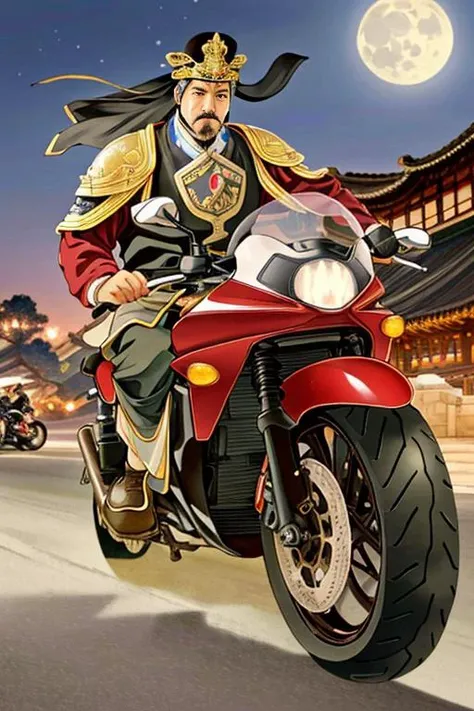 Guan Yu, riding on a motorcycle,