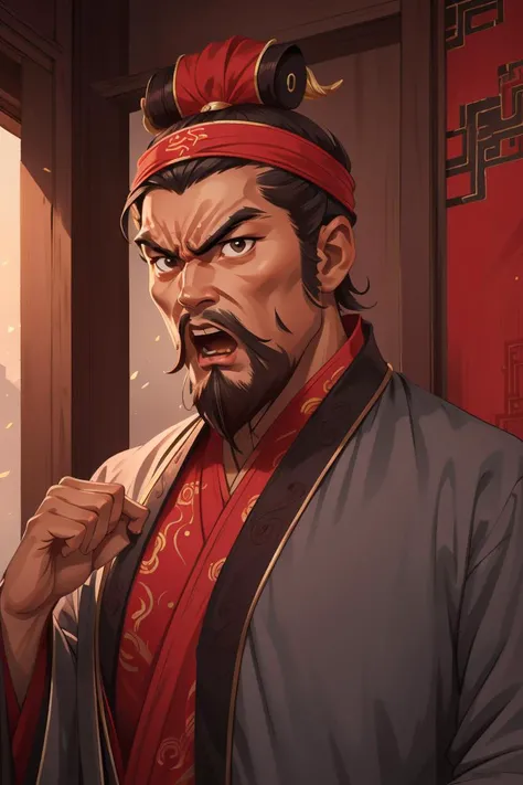(4k, best quality, highres:1.1),(masterpiece:1.1),man,(Chinese male:1),detailed eyes,looking at viewer,hanfu,chinese clothes,red and black clothes,(dark skin:1.3),(forehead band:1.3),short beard,bushy beard,short hair,1boy,male focus,old,solo,open mouth,angry,detail eyes,wrinkled_skin,Chinese style,outdoors,Chinese building,<lora:shuimobysimV3:0.3>,<lora:shuV2:0.4>,<lora:Sanguo:0.8>,