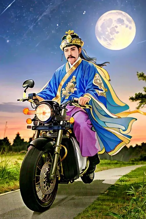 shz,((best quality)), ((masterpiece)), (detailed), realistic,(riding motorcycle),mustache,chinese clothes,armour,chinese general,looking at viewer, full body,night,moon in the night sky,outdoors,motorcycle <lora:Xiaorenshu_v20:0.5> <lora:TheThreeKingdoms_v11:0.7>