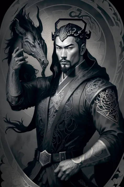 (4k, best quality, highres:1.1), (masterpiece:1.1), man, (Chinese male:1.6), middle-aged, warrior, detailed eyes, facial hair, muscular, strong, brave, courageous, powerful, honorable, disciplined, confident, looking at viewer, face, bracer, helmet, armor, holding weapon, riding, horse, black,
malice, tendrils, dark atmosphere, ((greyscale)), detailed linework, cinematic, psychedelic, black paper with vibrant (turqoise) line work, ornate, symmetrical, (tarot card), highly detailed, ink illustration, style of peter mohrbacher, golden ratio,(filigree:1.6) , loong pattern, <lora:conceptLoongChinaDragon_v10:0.6> <lora:TheThreeKingdoms_v11:0.4>
