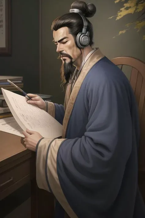 (4k, best quality, highres:1.1), (masterpiece:1.1), medium shot, man, Chinese male, eyes closed, (wearing headphones, Sony WH-1000XM3:1.2), holding ink brush, doing calligraphy, (Chen Daoming:1.6), facial_hair, hanfu, 1boy, beard, male_focus, mustache, chinese_clothes, old, solo, old_man, wide_sleeves, long_sleeves, topknot, robe, 
 <lora:TheThreeKingdoms_v11:0.7> <lora:Moxin_10:0.3> <lora:Xiaorenshu_v20:0.2>