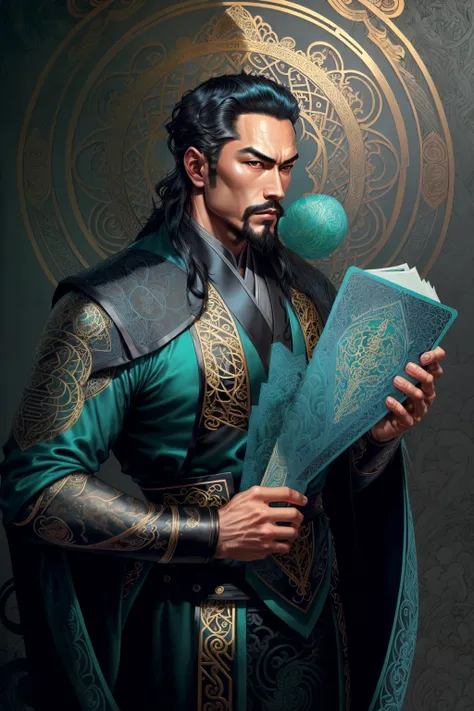 (4k, best quality, highres:1.1), (masterpiece:1.1), man, Chinese male, detailed eyes, looking at viewer, (Collin Chou:1.5), male_focus, , 1boy, facial_hair, brown_eyes, katana, chinese_clothes, crew cut, muscular, wide shoulder, topknot, confident,
  malice, tendrils, dark atmosphere, ((greyscale)), detailed linework, cinematic, psychedelic, black paper with vibrant (turqoise) line work, ornate, symmetrical, (tarot card), highly detailed, ink illustration, style of peter mohrbacher, golden ratio,(filigree:1.6) ,  loong pattern, <lora:conceptLoongChinaDragon_v10:0.6> <lora:TheThreeKingdoms_v11:0.4>
