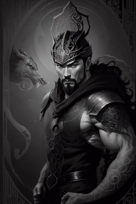 (4k, best quality, highres:1.1), (masterpiece:1.1), man, (Chinese male:1.2), middle-aged, warrior, detailed eyes, facial hair, muscular, strong, brave, courageous, powerful, honorable, disciplined, confident, looking at viewer, face, bracer, helmet, armor, holding weapon, riding, horse, black, 
whiskers,
  malice, tendrils, dark atmosphere, ((greyscale:1.5)), detailed linework, cinematic, psychedelic, black paper with vibrant (turqoise) line work, ornate, symmetrical, (tarot card), highly detailed, ink illustration, style of peter mohrbacher, golden ratio,(filigree:1.6) ,  loong pattern, <lora:conceptLoongChinaDragon_v10:0.6> <lora:TheThreeKingdoms_v11:0.4>