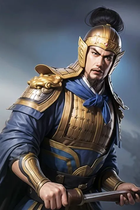 (8k, RAW photo, best quality, highres:1.2), (realistic, photo-realistic:1.37) , chinese male, chinese, cape, armor, holding weapon,solo, 1boy, strong, muscular male, wide waist, fire, black suit armor, (big eyes), riding, helmet, wide face, random face, eyes, loyalty, bravery , martial prowess, facial hair,<lora:TheThreeKingdoms_v0999:0.8>, <lora:LoraThreeKingdoms_loraV10:0.8>