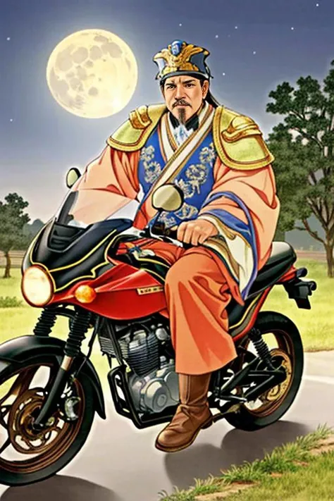 shz,((best quality)), ((masterpiece)), (detailed), realistic,(riding motorcycle),mustache,chinese clothes,armour,chinese general,looking at viewer, full body,night,moon in the night sky,outdoors,motorcycle <lora:Xiaorenshu_v20:0.5> <lora:TheThreeKingdoms_v11:0.5>