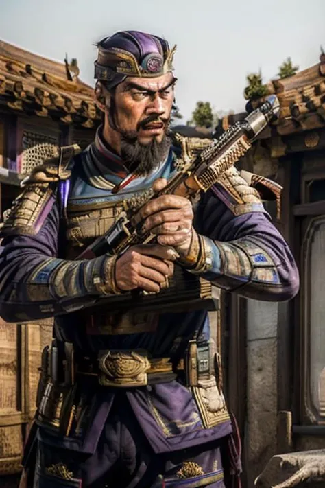 (realistic:1.3), , chinese male, solo, a famous general , facial hair, blue purple and gold armor, strong, fierce face, <lora:Sanguo_v0999:0.8>, gun, holding a rifle with both hands, assault rifle, aim,(aiming:1.3), <lora:hKHK416Lora_v20:0.9>, (outside the building:1.3), <lora:ancientChineseArchitectural_v10Gugong:0.8>