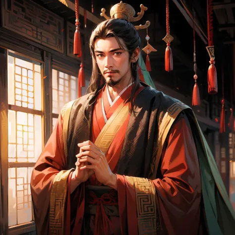 (4k, best quality, highres:1.1), (masterpiece:1.1), man, Chinese male, detailed eyes, looking at viewer, (Chen Daoming:1.6), facial_hair, hanfu, 1boy, beard, male_focus, mustache, chinese_clothes, old, solo, old_man, wide_sleeves, own_hands_together, long_sleeves, topknot, robe, looking_at_viewer, wrinkled_skin,Chinese style,<lora:Chinese style_20230607154437-000017:0.8>, <lora:Sanguo_v11:0.8>