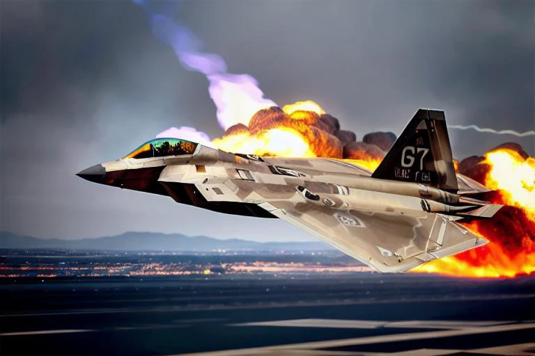 analog gloomy aerial photo of a (F-22Raptor plane, <lora:r4pt0r:1>), ((nighttime)), (flying low through a city on fire), (explosions in the background), (tracer gunfire), High Detail, Sharp focus, (photorealism), realistic, best quality, 8k, award winning, dramatic lighting, epic, cinematic, masterpiece, rim light, (action ), war, depth of field, dutch angle, motion blur,
