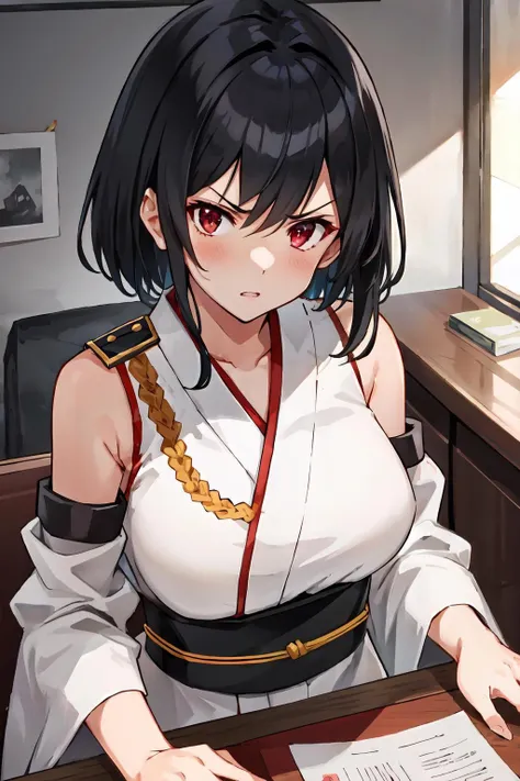 (masterpiece, best quality, illustration, delicate details, 8K:1.2), (studio light, best shadow, picturesque), (KonishiCSA:0.7)|(KujouCSA:0.3),
BREAK, (perfect anatomy), (symmetric eyes, perfect eyes, detailed eyes:1.2), (sharp eyeliner, finely detailed beautiful face), (red eyes),
BREAK, nice hands, perfect hands, hand by Guido Daniele,
BREAK, 1girl, solo,
BREAK, YamashiroKC, (YamashiroKC) japanese clothes, (red) hakama short skirt, (YamashiroKC) nontraditional miko, (detached sleeves) nontraditional miko, sash, obi,
BREAK, upper body shot, oblique portrait, looking at viewer, facing to viewer, staring at viewer, angry, (indoor, office, living room), sitting, chair,
BREAK, <lyco:hands:1>, <lora:CSA-v0.1:0.55>, <lora:Yamashiro-10:1>