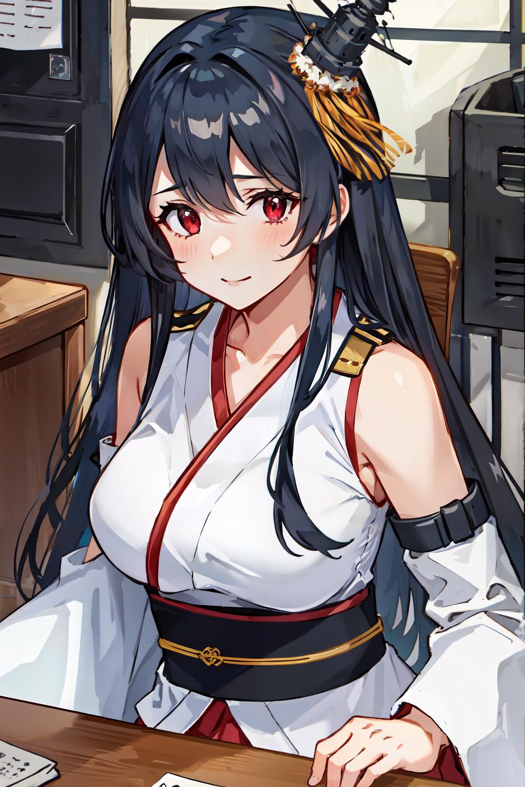 Anime girl with long black hair sitting at a desk with a computer ...