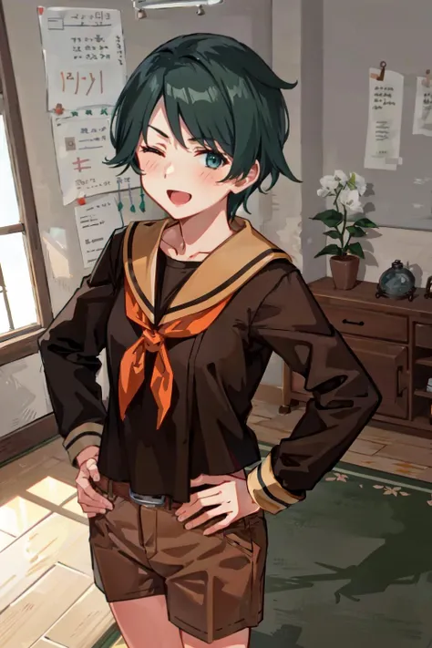 (masterpiece, best quality, illustration, delicate details, 8K:1.2), (studio light, best shadow, picturesque), (KonishiCSA:0.7)|(KujouCSA:0.3),
BREAK, (perfect anatomy), (symmetric eyes, perfect eyes, detailed eyes:1.2), (sharp eyeliner, finely detailed beautiful face), (green eyes),
BREAK, nice hands, perfect hands, hand by Guido Daniele,
BREAK, 1girl, solo,
BREAK, MogamiKaiNiKC, (KN) serafuku, (brown) shirt, (brown) sailor collar, (orange) neckerchief, (brown) shorts, (brown) socks, (long sleeves) serafuku,
BREAK, cowboy shot, oblique portrait, looking at viewer, facing to viewer, smile, open mouth, (indoor, living room), standing, (one eye closed), arms on hip,
BREAK, <lyco:hands:1>, <lora:CSA-v0.1:0.55>,  <lora:Mogami-10:1>