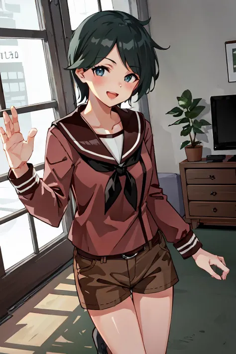 (masterpiece, best quality, illustration, delicate details, 8K:1.2), (studio light, best shadow, picturesque), (KonishiCSA:0.7)|(KujouCSA:0.3),
BREAK, (perfect anatomy), (symmetric eyes, perfect eyes, detailed eyes:1.2), (sharp eyeliner, finely detailed beautiful face), (green eyes),
BREAK, nice hands, perfect hands, hand by Guido Daniele,
BREAK, 1girl, solo,
BREAK, MogamiKC, serafuku, (brown) sailor collar, (black) neckerchief, (brown) shorts, (black) socks, boots,
BREAK, cowboy shot, looking at viewer, facing to viewer, smile, open mouth, (indoor, living room), standing,
BREAK, <lyco:hands:1>, <lora:CSA-v0.1:0.55>, <lora:Mogami-10:1>