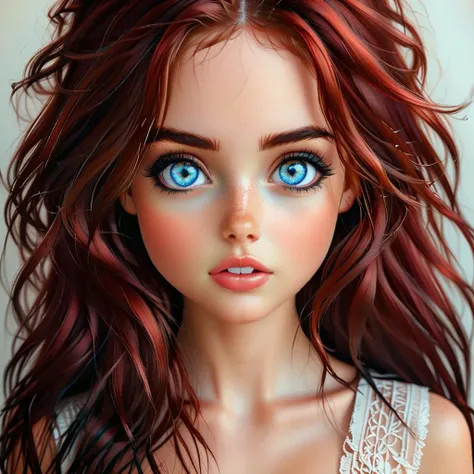 Hyperrealistic art cute girl with large iridescent bright blue eyes , intense gaze, toned torso and super thick dark black eyeliner and mascara. 
long red hair down to shoulders, cute, dimples, slight smile, Exquisitely detailed close <lora:Stunning_eyes_2:0.8>  <lora:detailed_notrigger:0.8> . Extremely high-resolution details, photographic, realism pushed to extreme, fine texture, incredibly lifelike