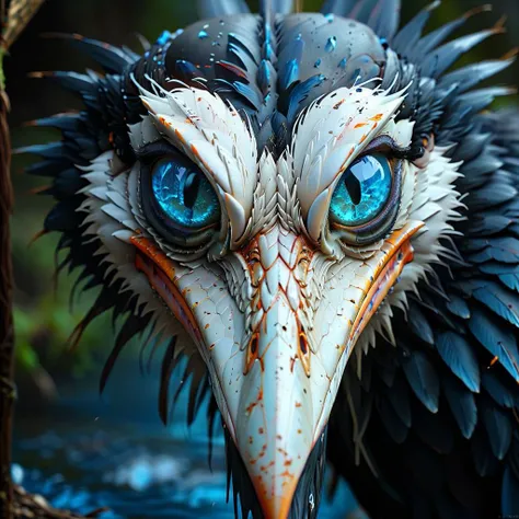 Horror-themed stork, with large iridescent bright blue eyes <lora:Stunning_eyes_2:0.8> <lora:detailed_notrigger:0.8> . Eerie, unsettling, dark, spooky, suspenseful, grim, highly detailed