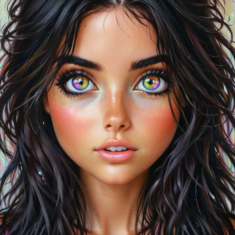 Hyperrealistic art cute girl with large iridescent bright colorful eyes , intense gaze, toned torso and super thick dark black eyeliner and mascara. long hair down to shoulders, cute, dimples, slight smile, Exquisitely detailed close <lora:Stunning_eyes_2:0.8>  . Extremely high-resolution details, photographic, realism pushed to extreme, fine texture, incredibly lifelike