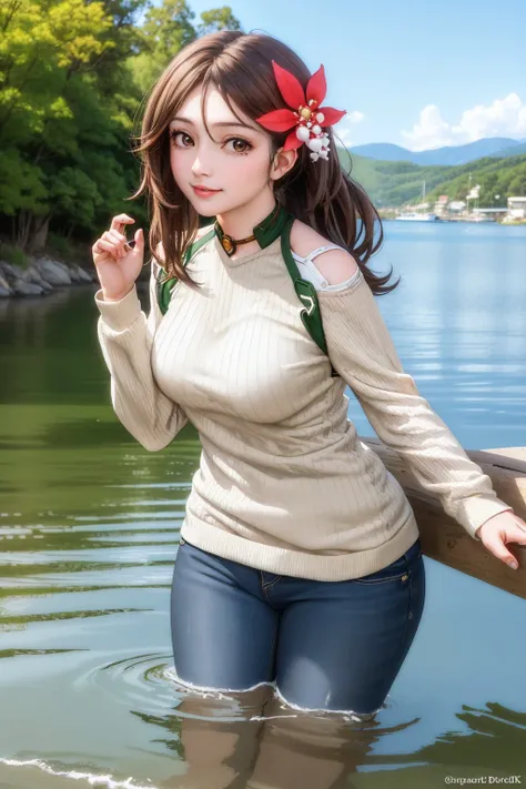 (masterpiece, best quality:1.2), <lyco:kancolle_amagikai-10:1.0>, cowboy shot, solo, 1girl, amagi kai, smile, looking at viewer, wading, ponytail, hair flower, sweater, long sleeves, jeans