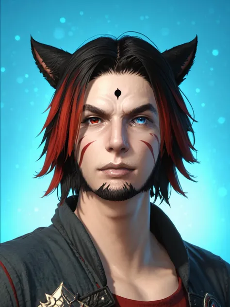 khit'li l'ocar, blue eyes, red eyes, heterochromia, black hair, multicolored hair, red hair, short hair, two-tone hair cat ears, miqote, closed mouth, facial hair, beard, looking at viewer, blue background, DynaPortrait_PDXL BREAK PonyXLV6_Scores , <lora:KhitliMoonKeeperPonyXL:0.8>