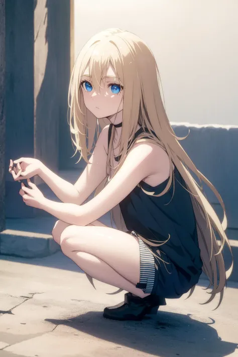 1girl, io \(granblue fantasy\), blonde skin, long hair, blonde hair, twin tails, blue eyes, small breast, shackles, chocker, brown sundress, barefoot, sad, dungeon, darkness, night, close-up  score_9, score_8_up, score_7_up, score_6_up, score_5_up, score_4_up, BREAK source_anime, masterpiece