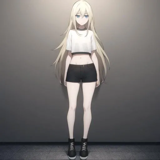 <lora:angelsOfDeathRachel_rgV1:1> rachel, short shorts, black crop top, deep blue eyes, ash blonde hair, standing, full body, long hair, exposed navel,