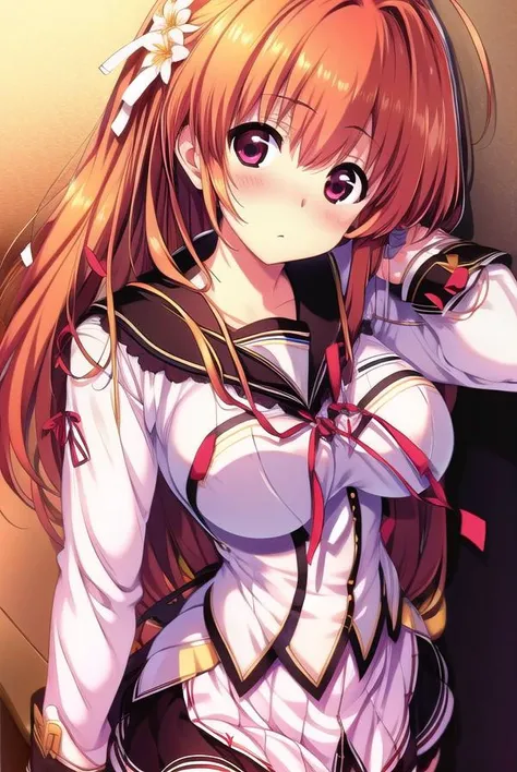 fuukahimekawa, <lyco:fuukahimekawa-lyco-nochekaiser:1>,
fuuka himekawa, long hair, hair ornament, ribbon, flower, ahoge, hair flower, (red eyes:1.3), orange hair,
BREAK skirt, thighhighs, school uniform, white thighhighs, zettai ryouiki,
BREAK looking at viewer,
BREAK indoors, classroom,
BREAK <lyco:GoodHands-beta2:1>, (masterpiece:1.2), best quality, high resolution, unity 8k wallpaper, (illustration:0.8), (beautiful detailed eyes:1.6), extremely detailed face, perfect lighting, extremely detailed CG, (perfect hands, perfect anatomy),