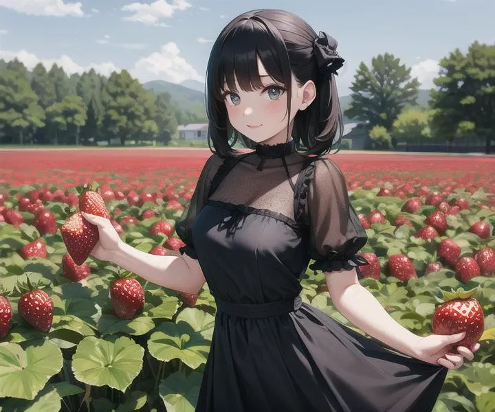 solo,Goth dress girl picking strawberries in a strawberry field