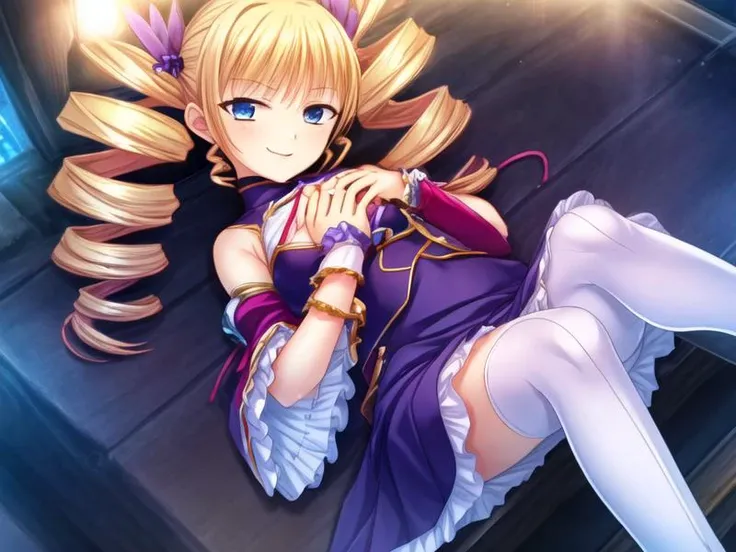1girl, <lora:Karin_v2:0.8>Karin,standing,evil smile, short hair,twintails,drill hair,hair ornament,blue dress, white legwear, wide sleeves, sleeveless, long dress, blue sleeves,, <lora:flatBG:-0.5> ,<lora:flat2:-0.5>,(dark light:1.2),(hyper extreme detailed),(masterpeace:0.5),(hyper extreme),(photorealistic),game cg,llustration,novel illustration,beautiful lighting,light from the front,good_hands,beautiful art ,BREAK, <lyco:GoodHands-beta2:1.3>,(good hand,nice hands, perfect hands:1.3),(five finger:1.4),straight fingers,perfect fingers,beauty fingers,beauty hand,