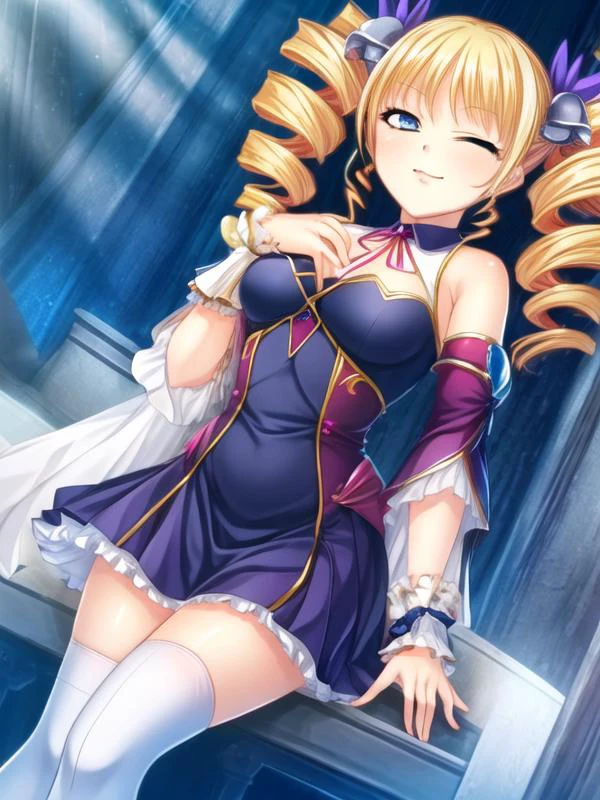 1girl, <lora:Karin_v2:0.8>Karin,sitting,evil smile, short hair,twintails,drill hair,hair ornament,blue dress, white legwear, wide sleeves, sleeveless, long dress, blue sleeves,, <lora:flatBG:-0.5> ,<lora:flat2:-0.5>,(dark light:1.2),(hyper extreme detailed),(masterpeace:0.5),(hyper extreme),(photorealistic),game cg,llustration,novel illustration,beautiful lighting,light from the front,good_hands,beautiful art ,BREAK, <lyco:GoodHands-beta2:1.3>,(good hand,nice hands, perfect hands:1.3),(five finger:1.4),straight fingers,perfect fingers,beauty fingers,beauty hand,