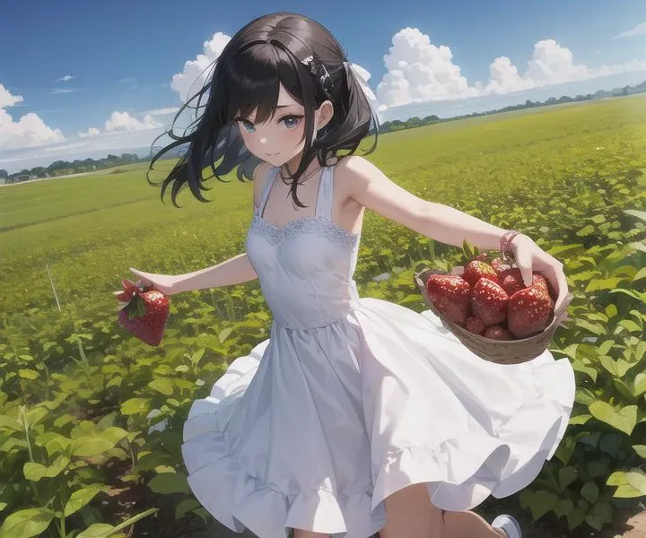 solo,Goth dress girl picking strawberries in a strawberry field