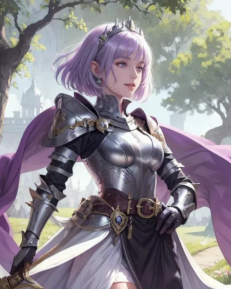 woman, solo,portrait,upper body,detailed background, detailed face,<lora:Adventurers_v20:0.8> , fantasy ,palace, sunlight,waist-up ,walking, close-up ,armor, full armor, paladin,looking away, bright, shiny, smile, wind, cape,fur trim, gauntlets, pauldrons, breastplate, belt,purple hair, purple eyes, short hair,