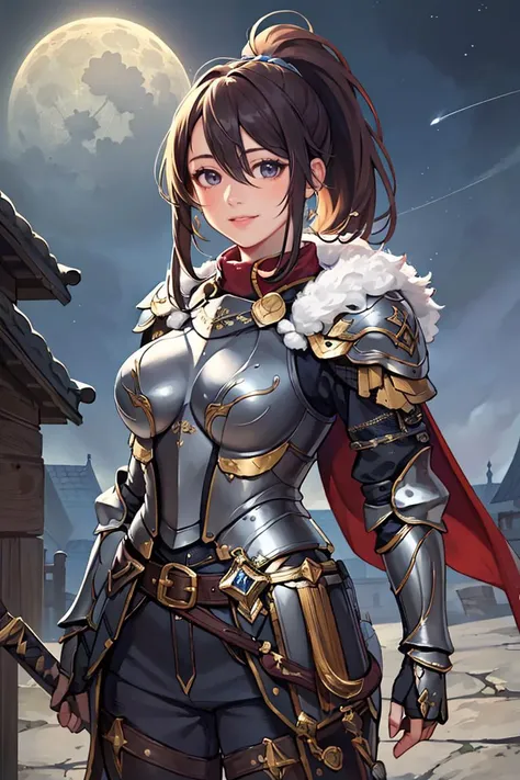 masterpiece,best quality,high quality, <lyco:GoodHands-beta2:1.0>,(realistic:1.3), finely detailed, quality, rembrandt lighting, (masterpiece:1.2), (photorealistic:1.2), (best quality), (detailed skin:1.3), (intricate details), dramatic, ray tracing, 1girl, japanese girl, 21 years old, detailed skin texture, (blush:0.5), (goosebumps:0.5), subsurface scattering, smiling, medium breasts, ponytail, bangs, hair between eyes, Shoulder armor, Gauntlets, Breastplate, Pauldrons, fur trim, cape, holding sword, (paladin:1.2), (cowboy shot, night sky, full moon, european castle), <lyco:Adventurers_v20:1.0>