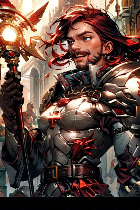 <lora:add_detail:0.4>, (best quality:1.3), (masterpiece:1.3), (1man:1.2), short red hair, (red mustache:1.2), muscular, cleric, laughing, (holding mace:1.2), white plate armor, greaves, belt, gauntlets, (upper body:1.2), outside, <lyco:Adventurers_v20:0.8>