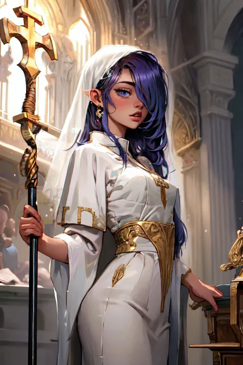 (best quality:1.3), (masterpiece:1.3), (1girl:1.2), (long light purple hair), hair over one eye, light skin, full lips, bright blue eyes, priestess, white robe, (lace:1.2), veil, staff, outside church, <lyco:Adventurers_v20:0.8>
