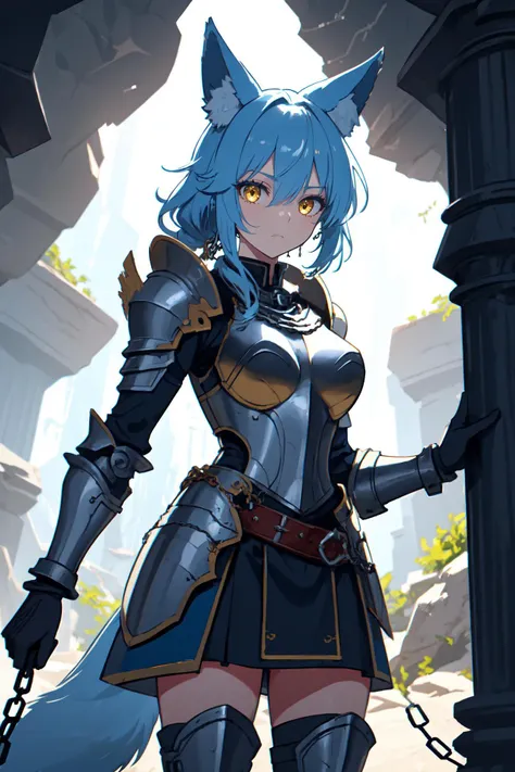 (high quality, best quality, 4k, 2k, (intricate:1.1), (high detail:1.3)), ((cave, crystal, pillar)), (official wallpaper, volumetric lighting, dynamic lighting),
1girl, solo, (fox girl, fox ears, fox tail), (blue hair), long hair, sidelocks, single braid, (yellow eyes),
paladin, armor, plate armor, breastplate, pauldrons, greaves, (holding sword), (chained, chain:1.3), jewelry,
standing, ((expressionless)), cowboy shot,
<lora:Adventurers_v20:0.6>