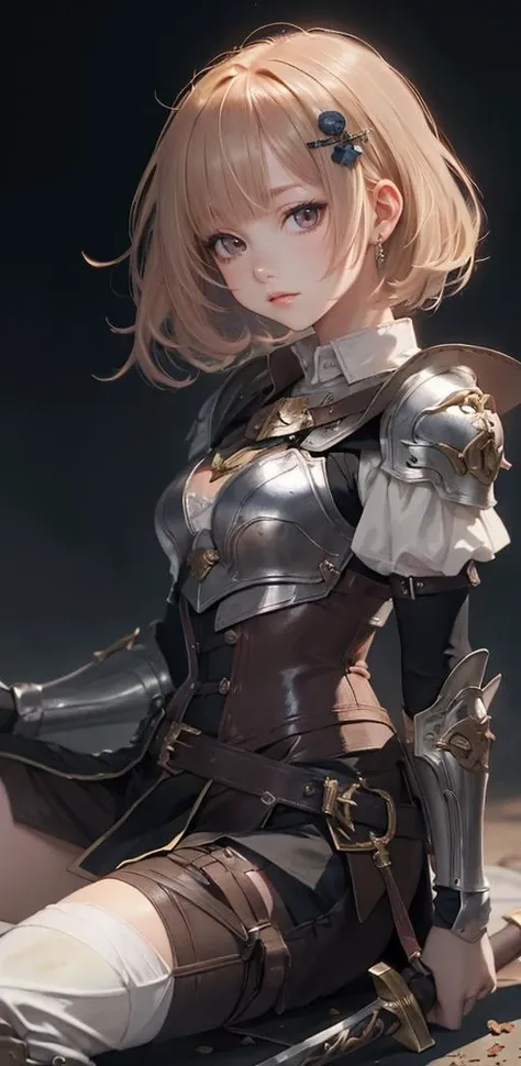 portrait,tachi-e,depth of field,(High Resolution:1.1),(masterpiece, best quality),detailed and intricate,from_side,(Realistic:0.8),(anime:1.4),(illustration:1.3),dreamy,ultra detail,(Detail:1.1),
black background,
BREAK
(from the knee up:1.1),1girl,(scout:1.1),dignified,solo,(kawaii:0.6),looking_at_viewer,asymmetrical bangs,(hair_ornament:1.1),metal hair fasteners,messy hair,contrapposto,ZETTAIRYOUIKI,<lora:flat2>,<lora:hairdetailer:0.9>,adventurers of the middle ages,leather armor dresses,shin pads,elbow rests,shoulder rest,peach hit,gauntlet,corset,(breastplate:1.2),RANGER,<lora:adventurer2.0-6:0.8>,close-up from the knee up,equipped with a sword,