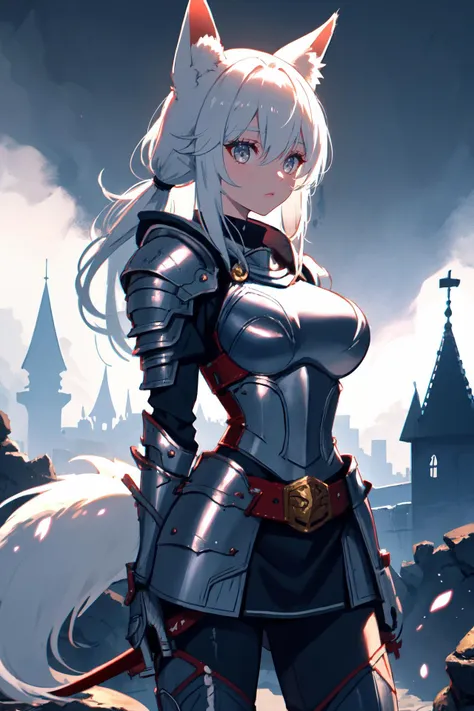 (high quality, best quality, 4k, 2k, (intricate:1.1), (high detail:1.3)), ((fantasy world, cobblestone, mud, castle)), (official wallpaper, volumetric lighting, dynamic lighting),
1girl, solo, (fox girl, fox ears, fox tail), (white hair), long hair, pony tail, (glowing grey eyes), large breasts,
knight, breastplate, large pauldrons,
standing, ((arms behind back)), cowboy shot,
<lora:Adventurers_v20:0.8>
