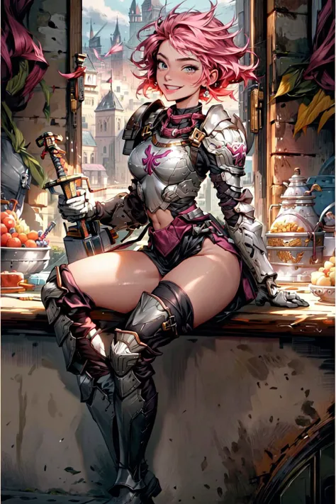 <lora:add_detail:0.4>, (best quality:1.3), (masterpiece:1.3), (1girl:1.2), (short pink hair:1.2), knight, excited smile, breastplate, shoulder armor, armored boots, (pelvic curtain:1.4), (bare thighs:1.1), holding sword, holding shield, castle town market, sitting on crate, <lyco:Adventurers_v20:0.8>