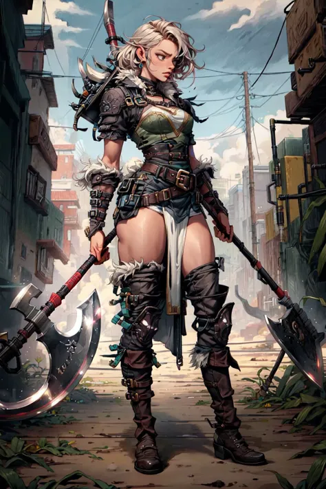<lora:add_detail:0.4>, (best quality:1.3), (masterpiece:1.3), (intricate details:1.3), 1girl, berserker, (holding axe:1.2), fur trim, loincloth, belt, boots, gloves, (jewelry:1.3), dual wielding, (thigh-up:1.2), wasteland, <lyco:Adventurers_v20:0.8>