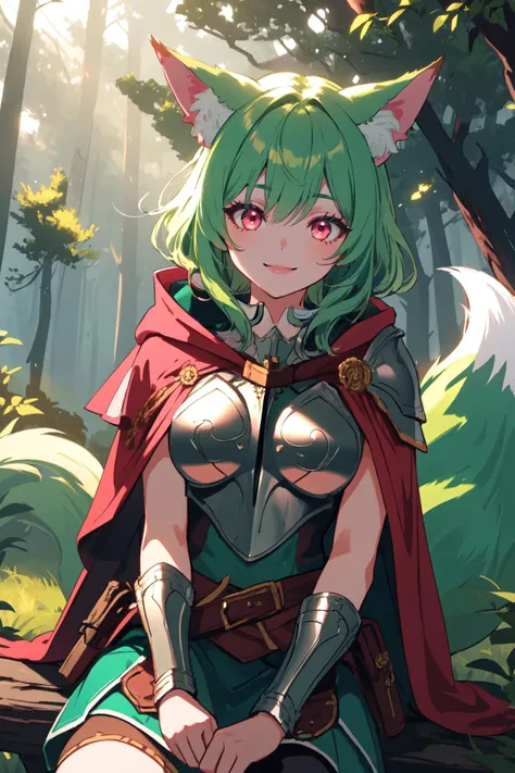 (high quality, best quality, 4k, 2k, (intricate:1.1), (high detail:1.3)), ((outdoors, forest)), (official wallpaper, volumetric lighting, dynamic lighting),
1girl, solo, (fox girl, fox ears, fox tail), (green hair), short, messy hair, (pink eyes),
druid, cloak, (breastplate, armor),
sitting, ((smile)), cowboy shot,
<lora:Adventurers_v20:0.6>, <lora:ears_slider_v10:-1>