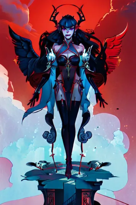 Abstract art, (blue,red and white theme: 1.1), Fractal dark background clouds flowing, facing the audience,Fractal,seecolor,1girl,long hair,chinese anime style,gao, long demon and angel wings big breast flying