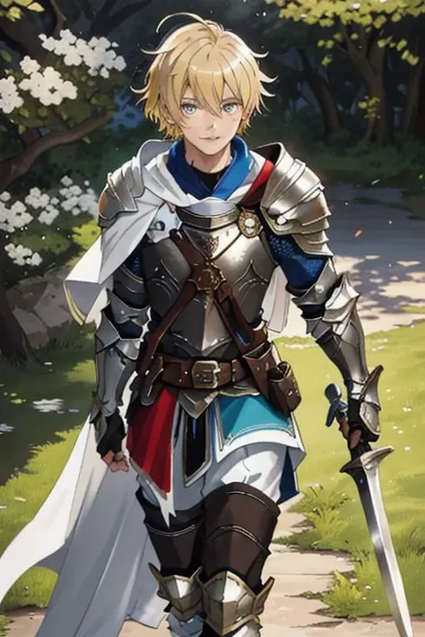 <lora:adventurer2.0-6:1>,fantasy, old town square , sunlight, 1boy, solo ,waist-up , walking, close-up ,armor, full armor, Mage Knight, looking at viewer, bright, shiny, smile, wind, cape, blonde, gauntlets, pauldrons, breastplate, belt