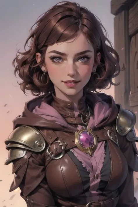 A portrait of a girl, close up of face, dorky, nerd, portrait, fantasy, thief, mage, in leather armor, purple and pink outfit, brown hair, curly hair, smirk, goofy expression, hood,